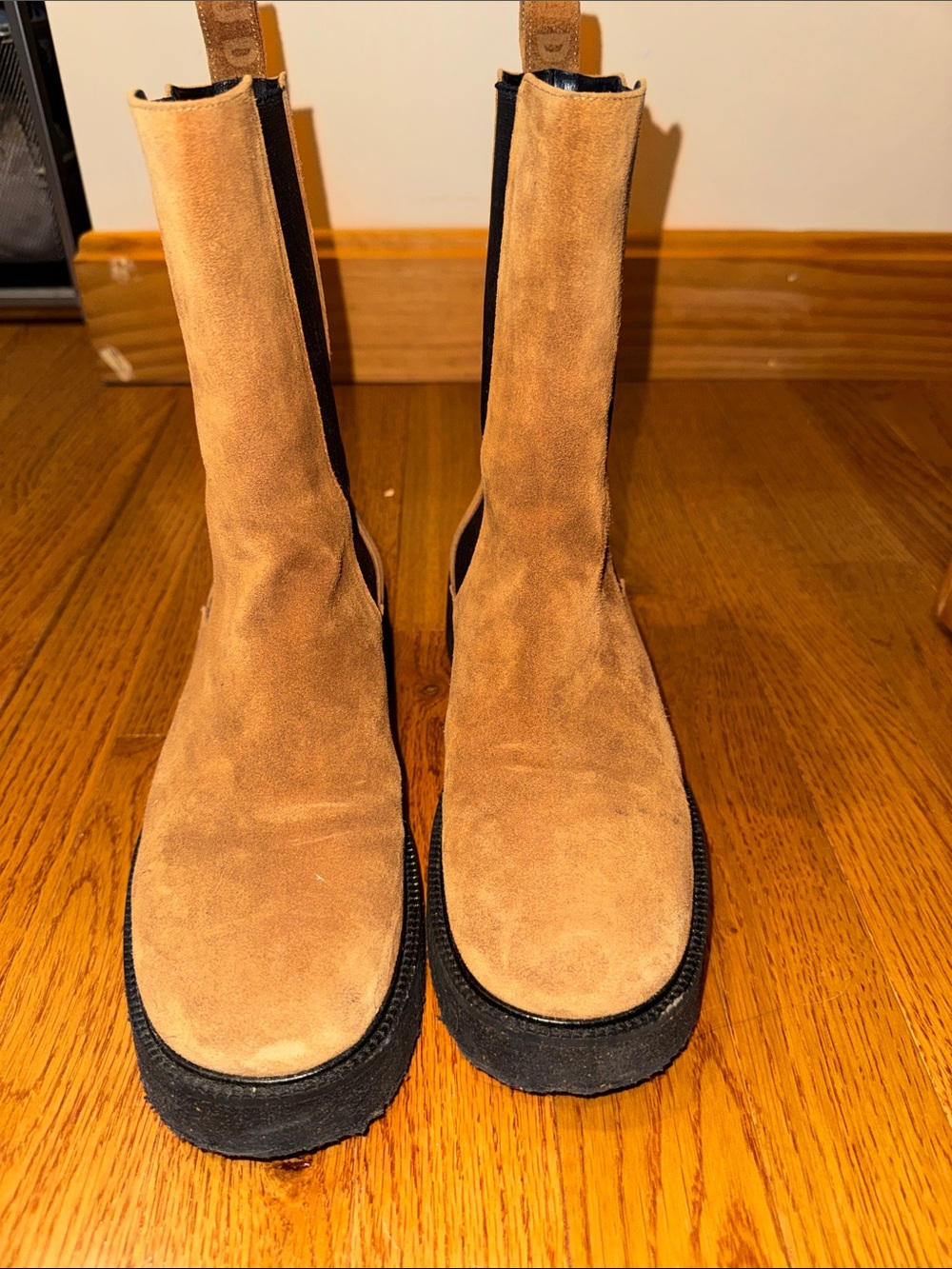Tan Suede Staud Chelsea Boots with Black Platform Soles